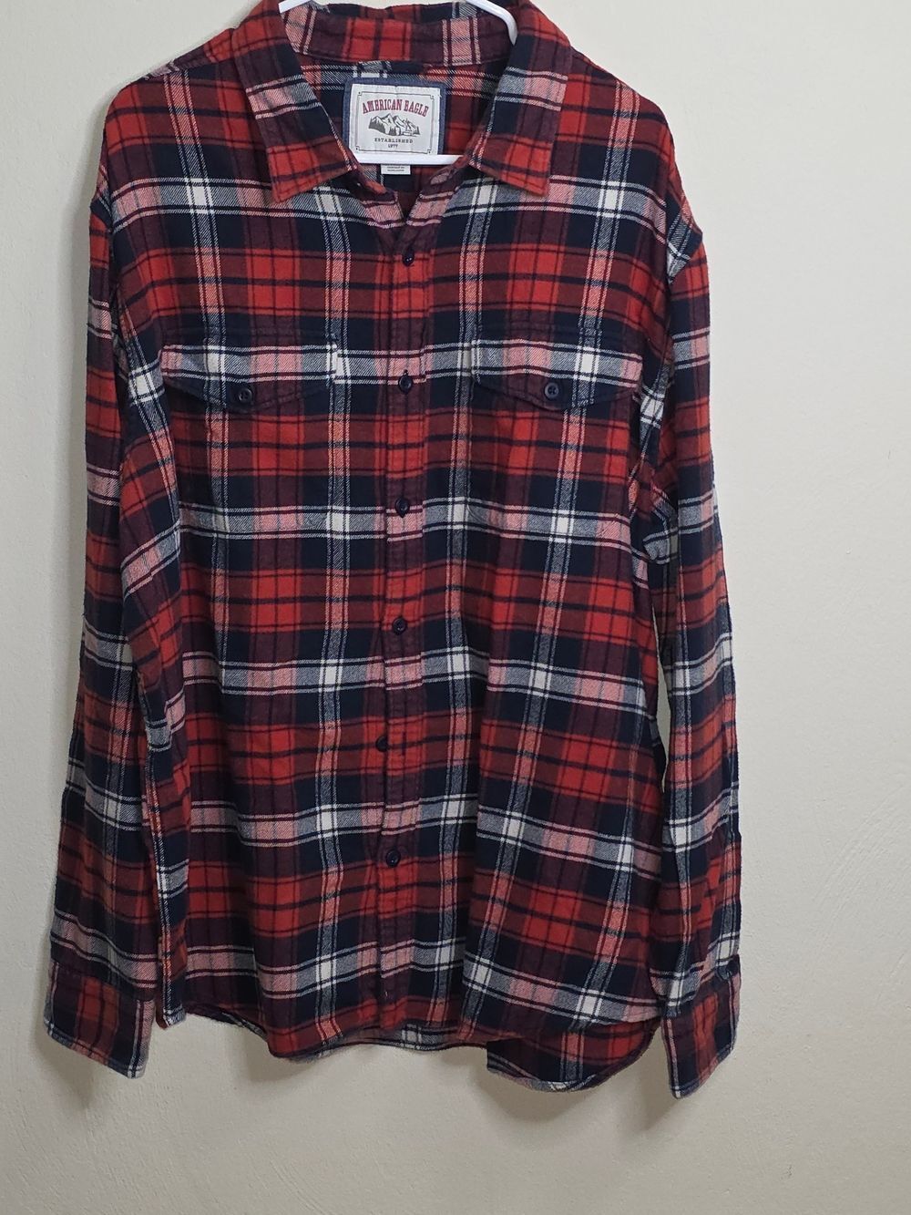 American Eagle Outfitters Red and Navy Plaid Button-Down Shirt